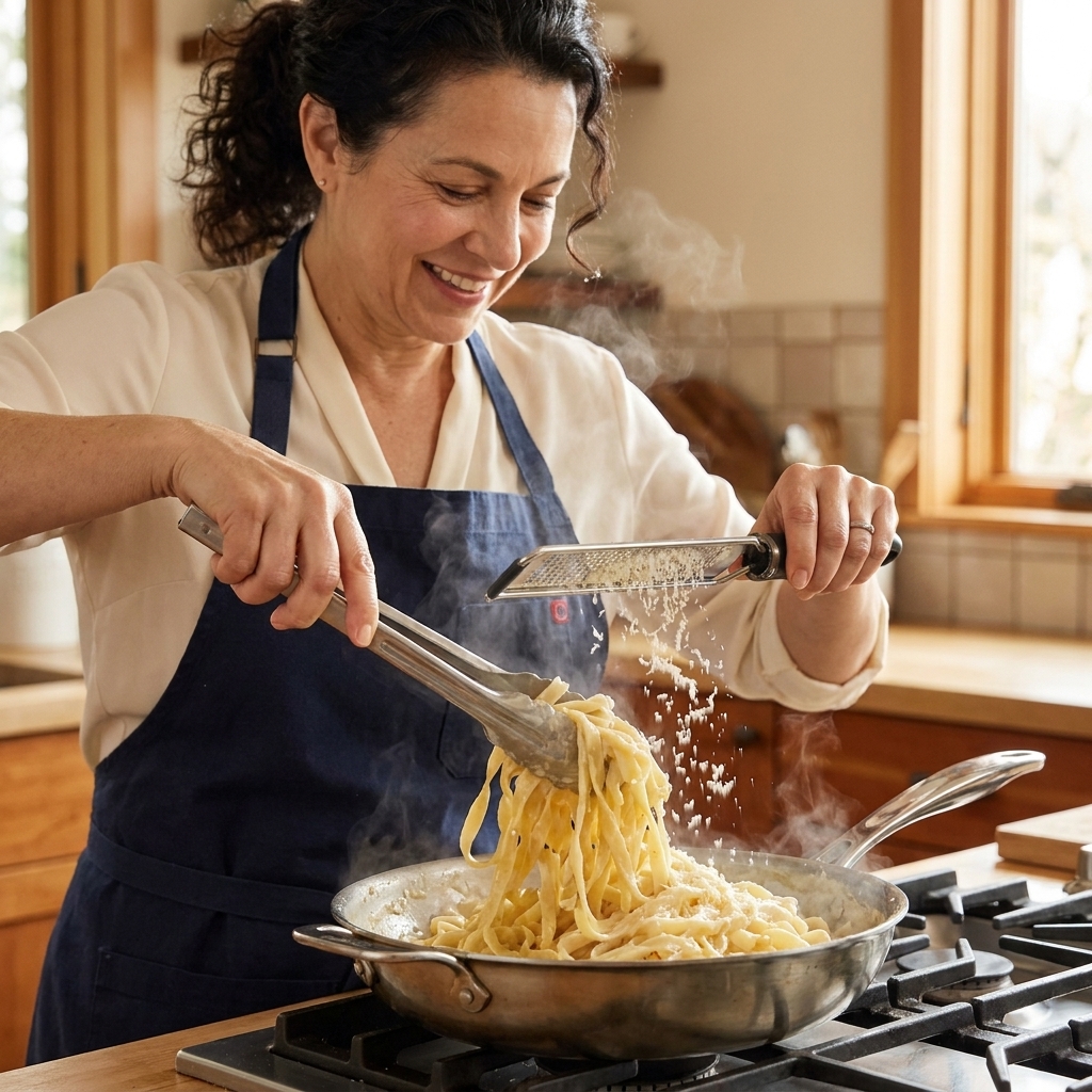Fettuccine being tossed with tongs in a wide pan as grated Parmigiano-Reggiano falls in, creating a creamy coating