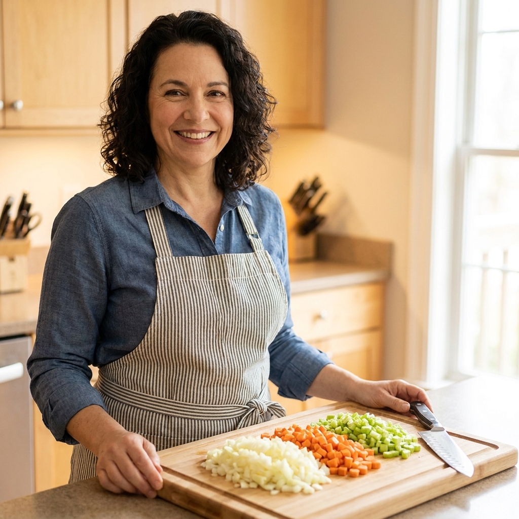 Finely diced onion, carrot, and celery piled on a cutting board next to a chef’s knife, ready to cook for soffritto