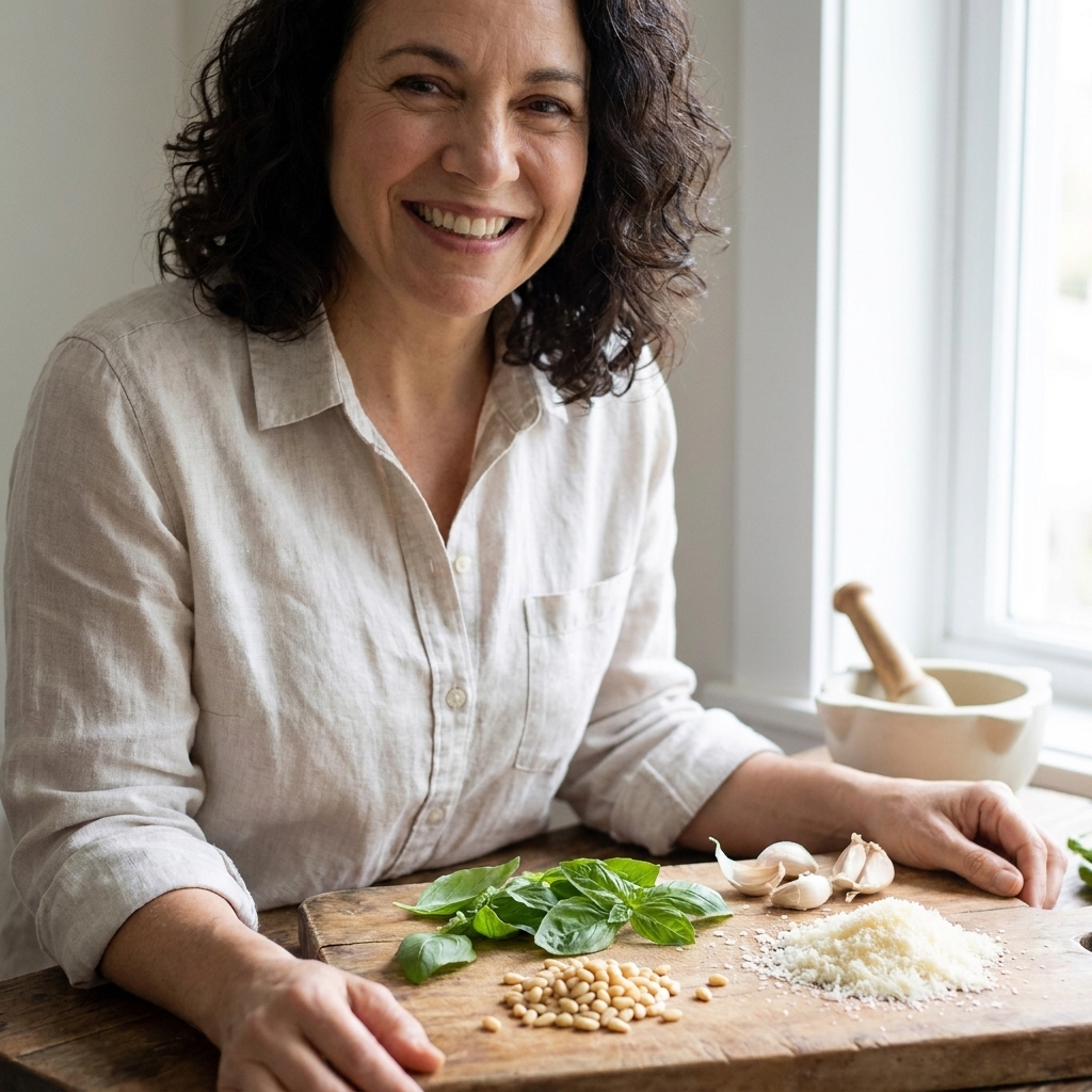 Fresh basil leaves scattered on a wooden cutting board beside pine nuts, garlic cloves, and a small mound of finely grated cheese