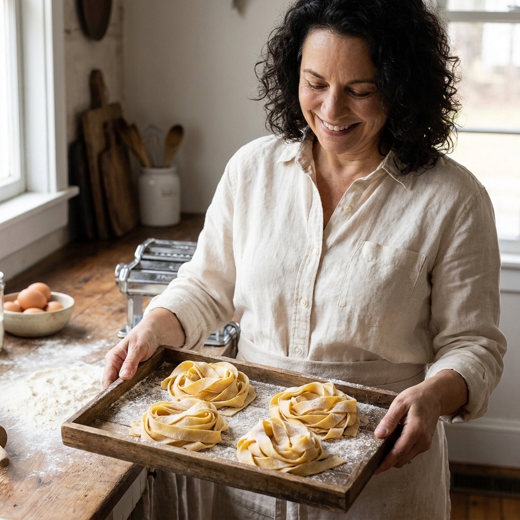 Fresh pappardelle pasta nests arranged on a floured wooden tray, ready to cook