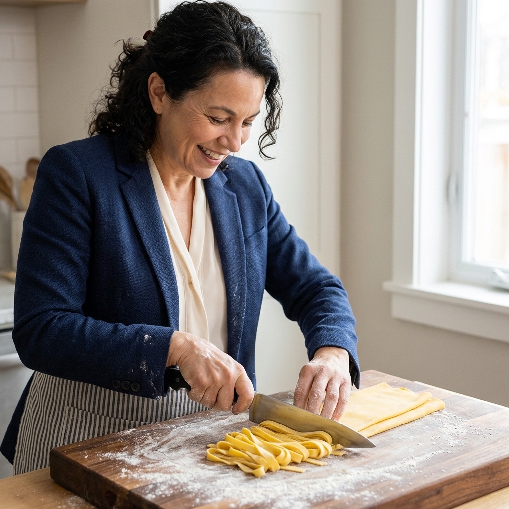 Fresh pasta sheet folded and being sliced into tagliatelle ribbons with a chef’s knife on a floured wooden board