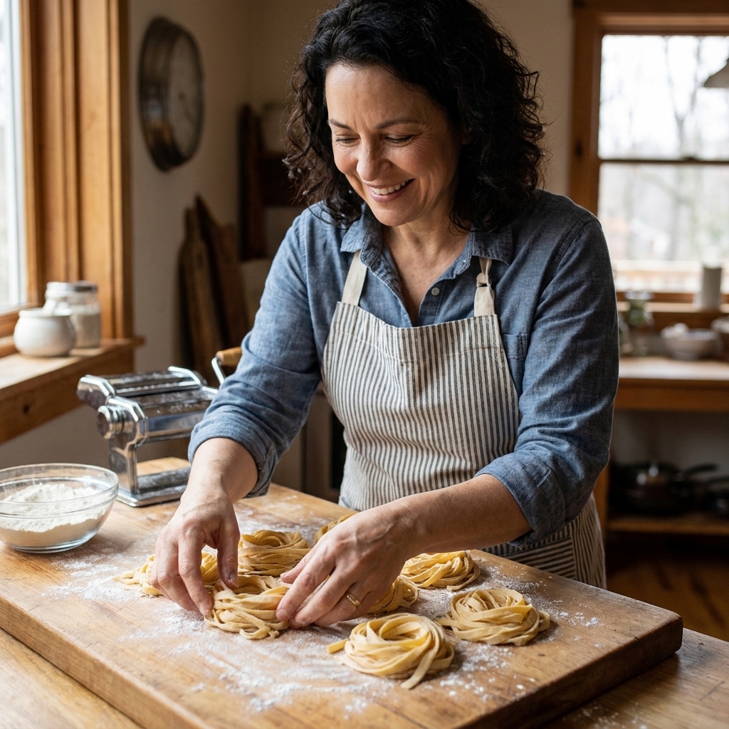 Freshly cut gluten-free tagliatelle nests lightly dusted with rice flour on a wooden board in a home kitchen
