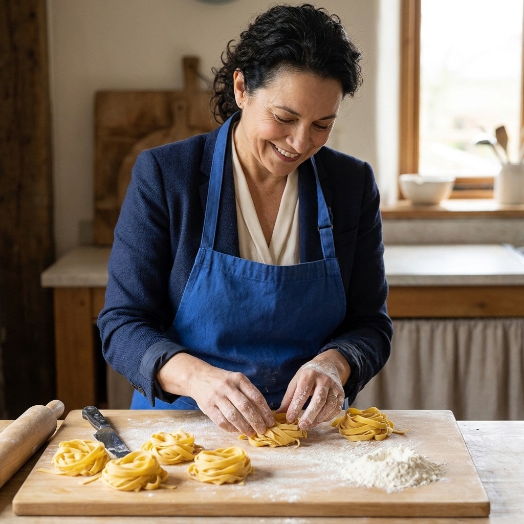 Freshly cut tagliatelle arranged in loose nests on a lightly floured wooden board with a small pile of flour nearby