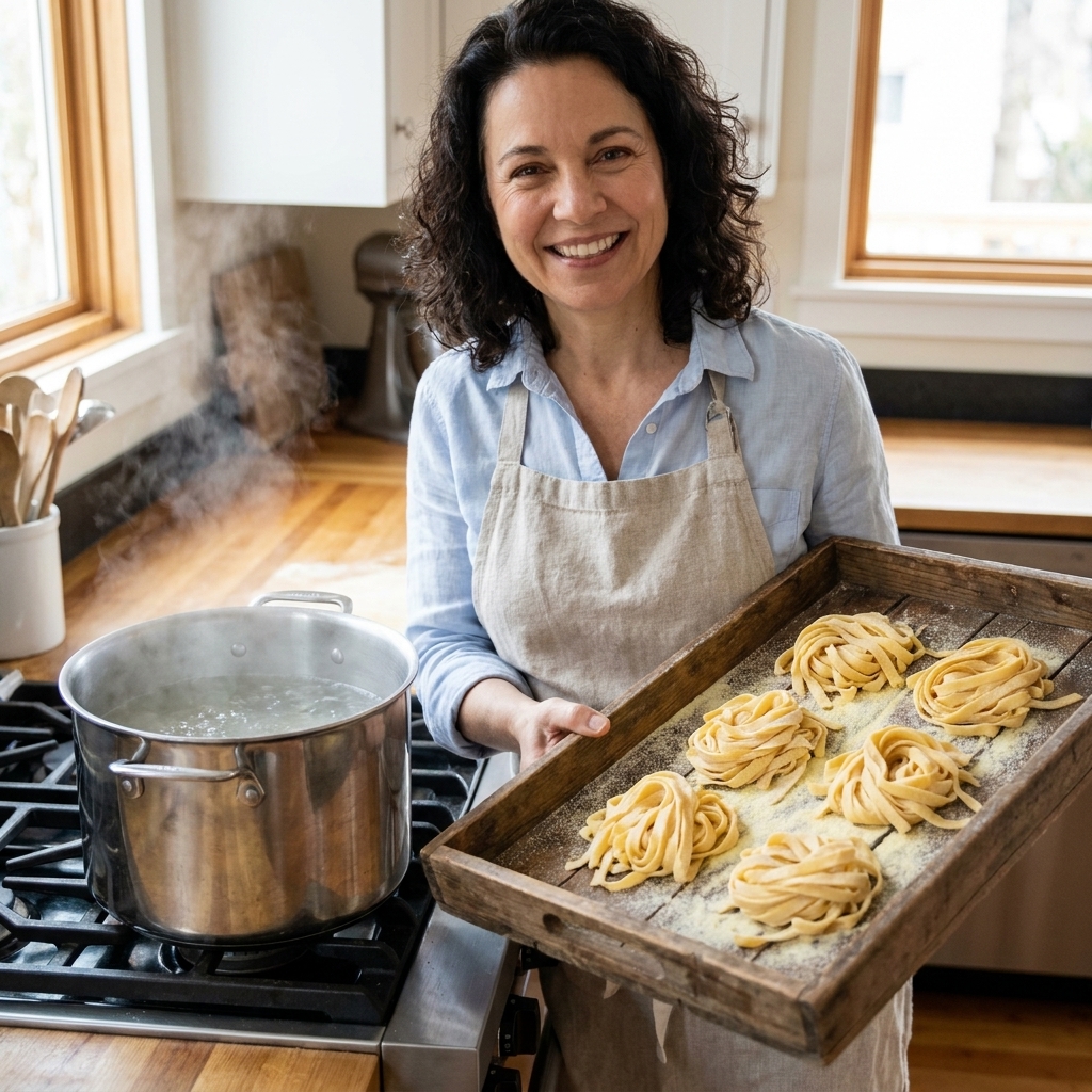 Freshly cut tagliatelle nests lightly dusted with semolina on a wooden tray beside a pot of boiling water