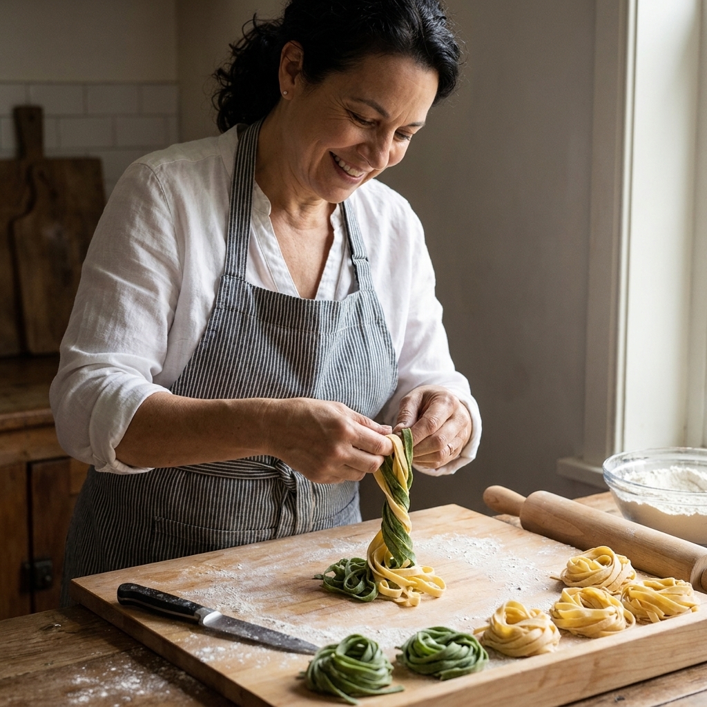 Freshly cut two-tone tagliatelle strands with green spinach and pale egg pasta twisted together on a floured wooden board