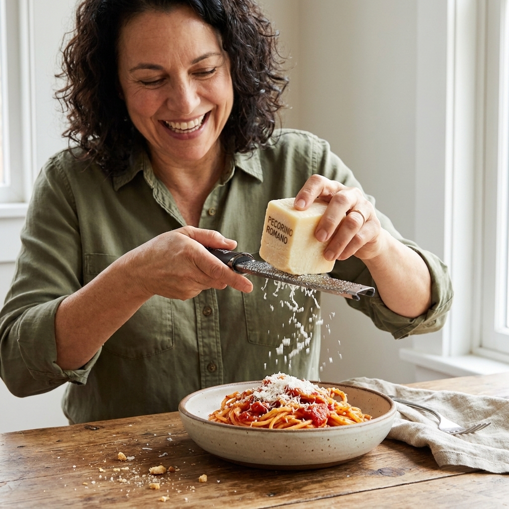 Freshly grated Pecorino Romano falling in a snowy layer over a bowl of tomato-coated pasta on a wooden kitchen table