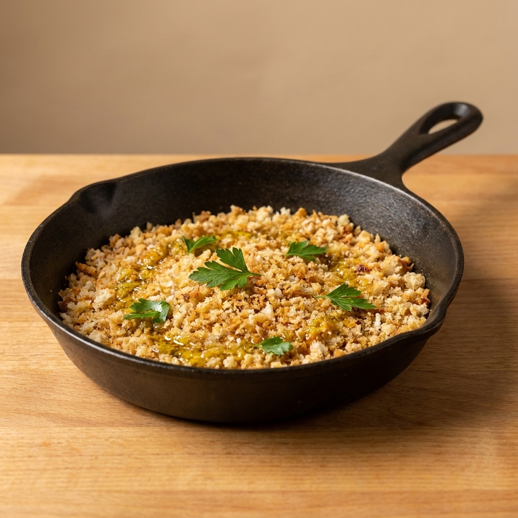 Golden toasted breadcrumbs in a small skillet with a sheen of olive oil, ready to sprinkle over pasta