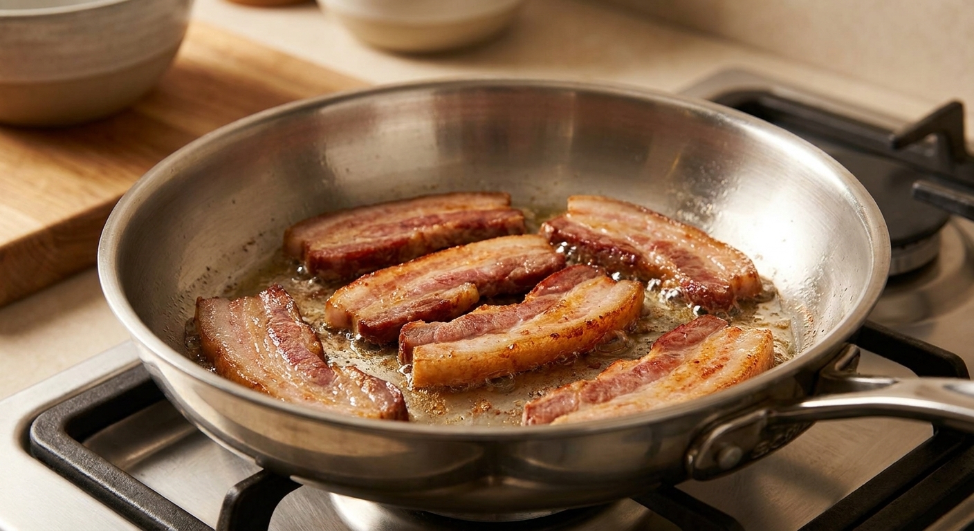 Guanciale strips sizzling in a stainless steel pan, fat slowly rendering and turning the edges golden and crisp