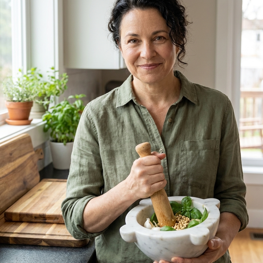 Hands holding a wooden pestle over a marble mortar on a home kitchen counter, ready to pound ingredients