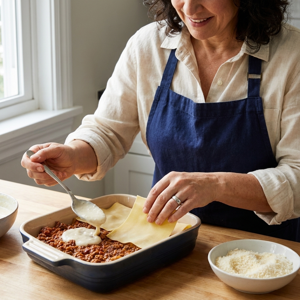 Hands layering a baking dish with fresh pasta sheets, a thin layer of ragù, and spooned béchamel before adding grated Parmigiano