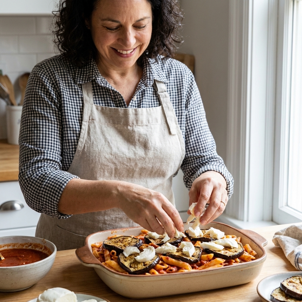 Hands layering sauced penne and roasted eggplant in a ceramic baking dish, with torn mozzarella being scattered over the top