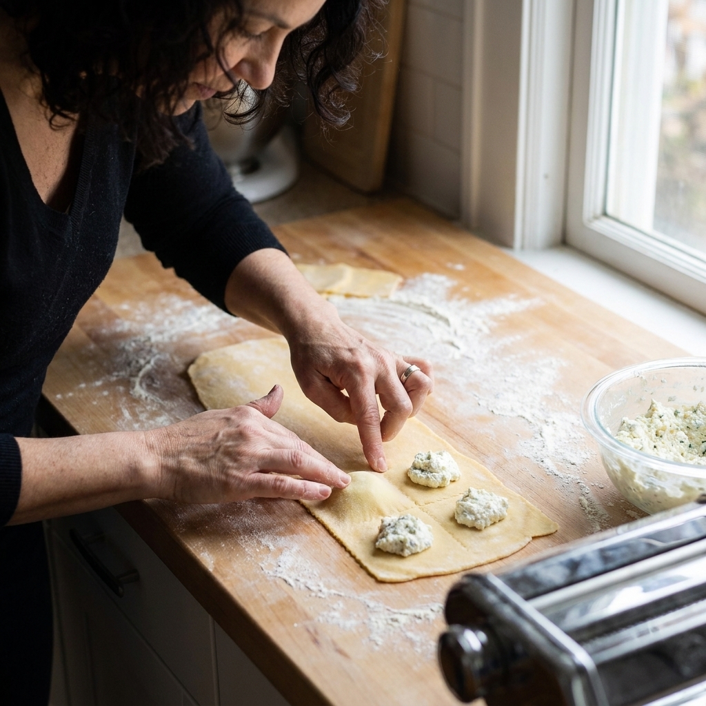 Hands pressing and sealing pasta dough around ricotta filling mounds on a counter, gently pushing out air