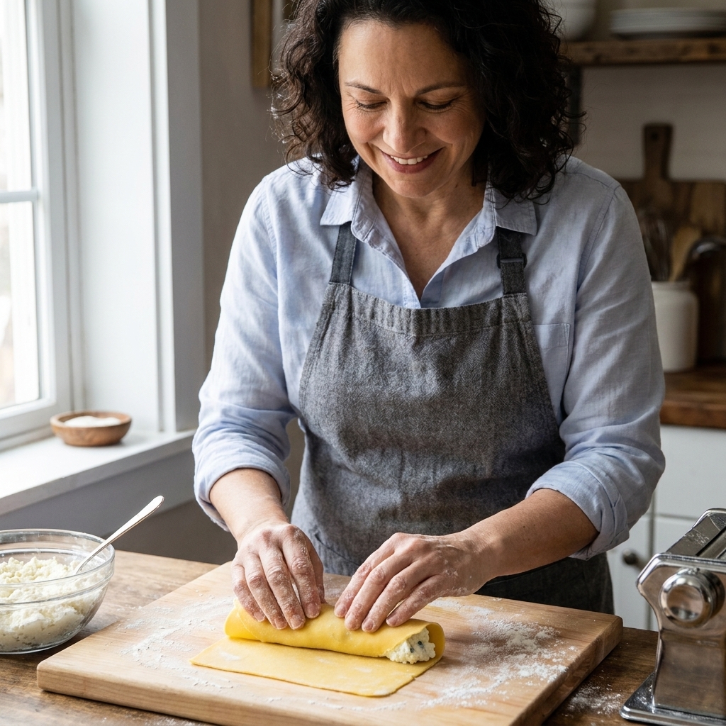 Hands rolling a fresh pasta sheet around ricotta filling on a wooden board, forming a smooth cannelloni tube