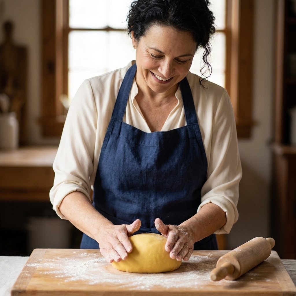 Hands rolling a smooth ball of egg pasta dough on a floured wooden board with a rolling pin