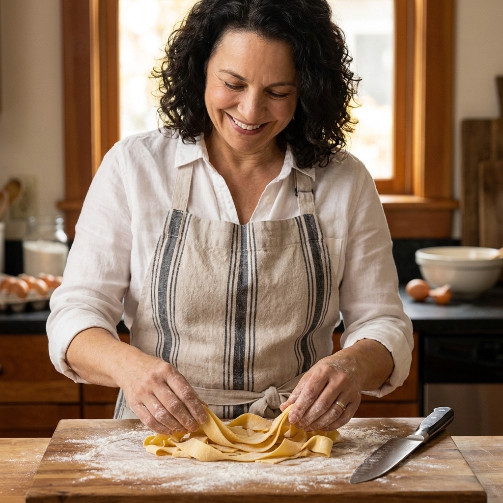 Hands separating freshly cut pappardelle ribbons on a floured wooden board, with a knife resting nearby