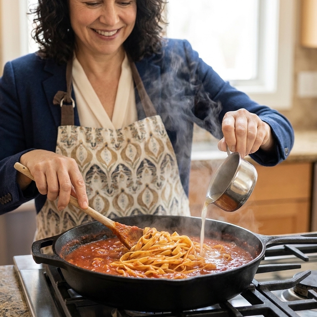 Hands stirring pasta in a wide pan as small ladles of hot liquid are added, with the sauce bubbling and thickening around the pasta