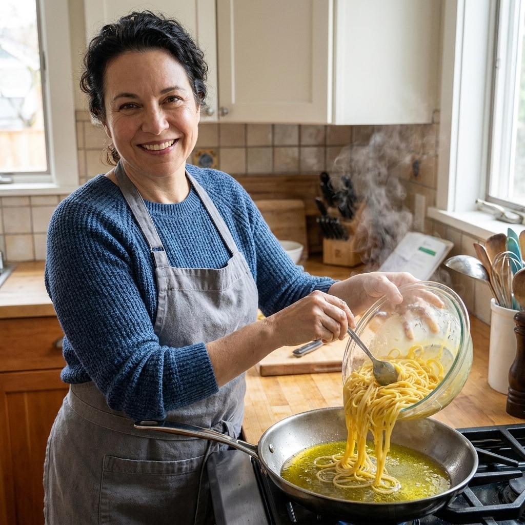 Hands tipping a bowl of egg-coated spaghetti mixture into a hot skillet with olive oil, mid-cook in a home kitchen