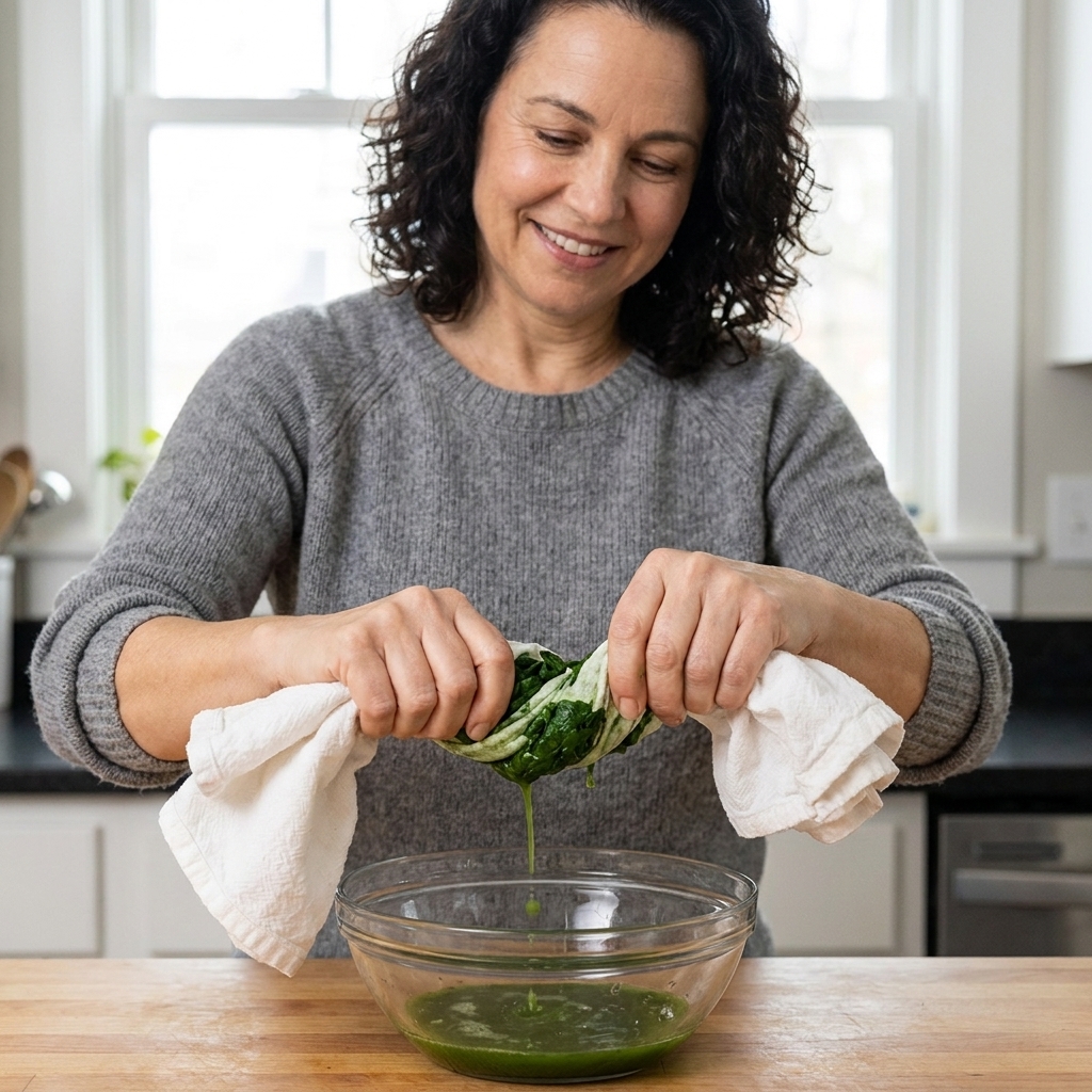 Hands wringing thawed chopped spinach in a clean kitchen towel over a bowl to remove excess moisture