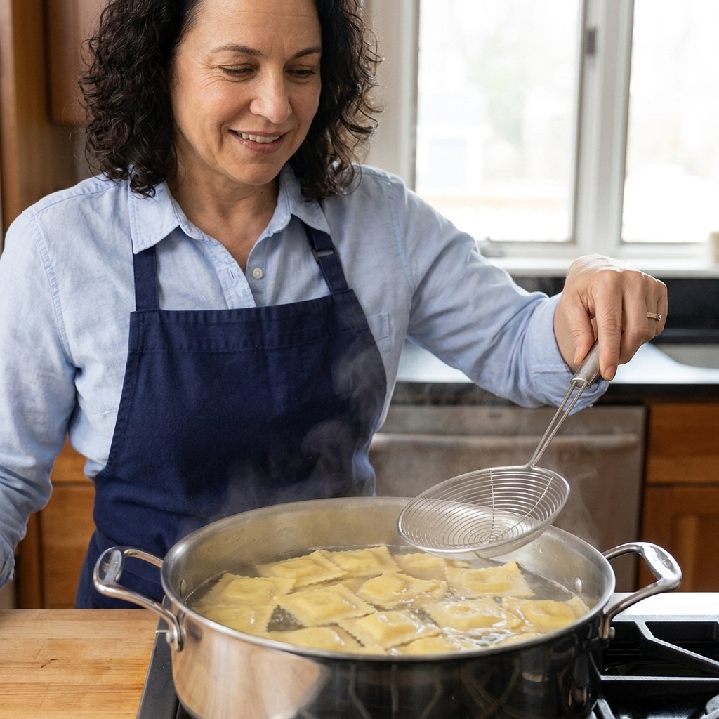 Homemade ravioli gently simmering in salted water in a wide pot, with a spider strainer poised above the surface