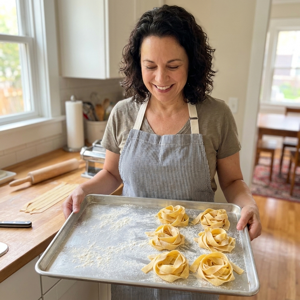 Loose nests of freshly cut pappardelle resting on a floured sheet pan in a home kitchen