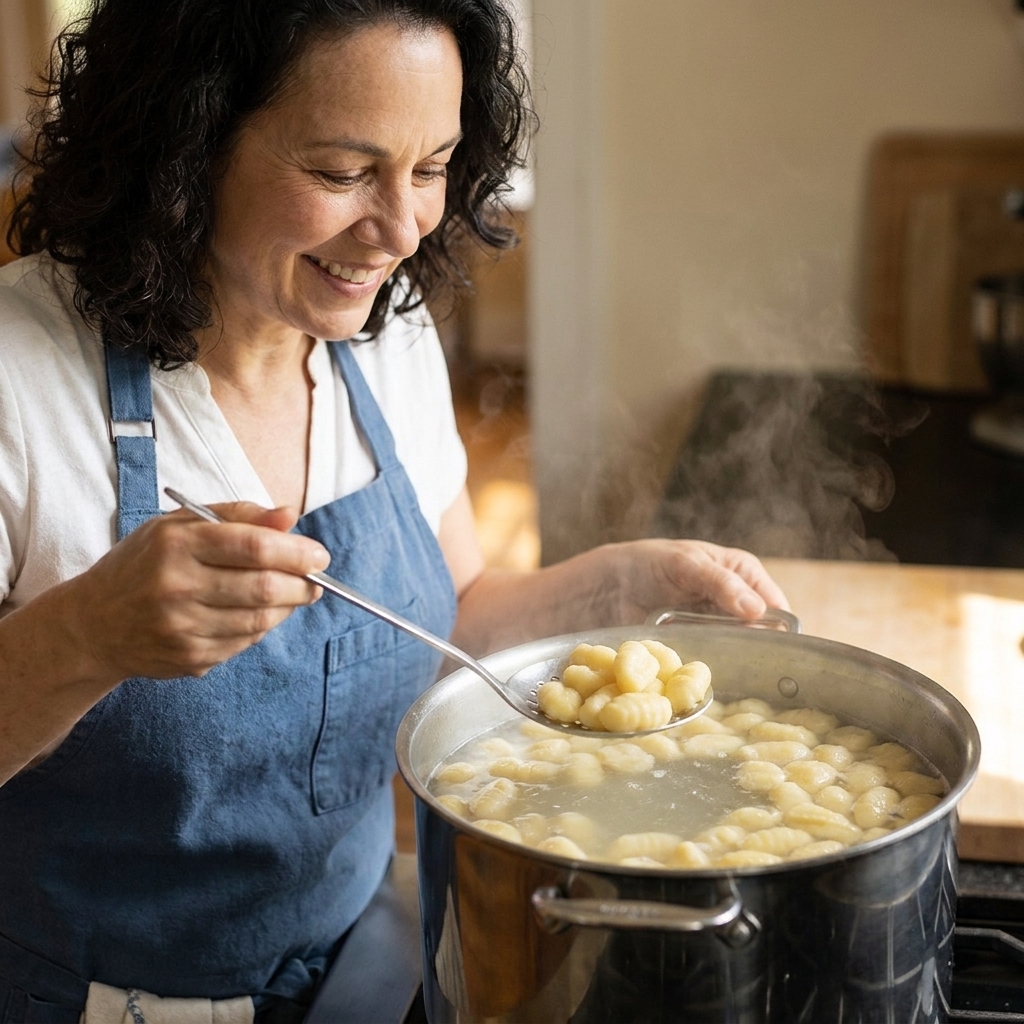 Potato gnocchi floating at the surface of a pot of boiling water, ready to be scooped out