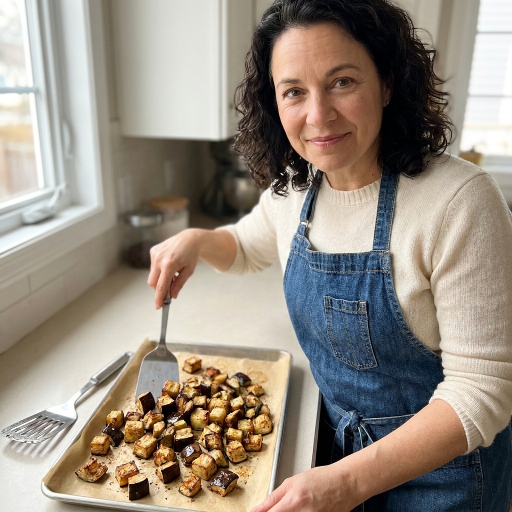 Roasted eggplant cubes browned at the edges on a parchment-lined sheet pan, with a metal spatula resting nearby
