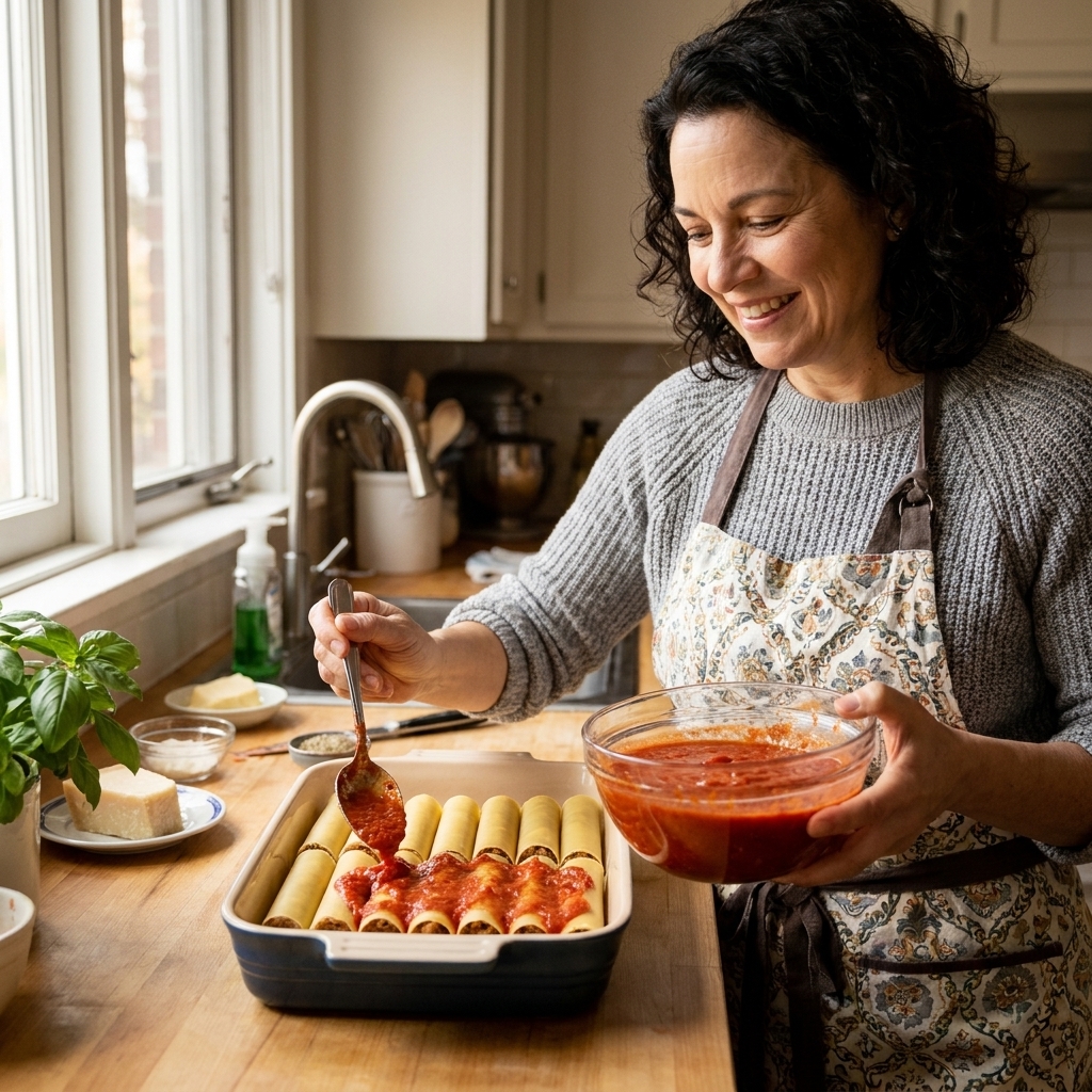 Rolled cannelloni tubes arranged seam-side down in a baking dish with tomato sauce spooned over the top