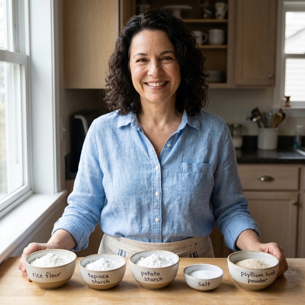 Small bowls of rice flour, tapioca starch, potato starch, salt, and psyllium husk powder arranged on a kitchen counter before mixing