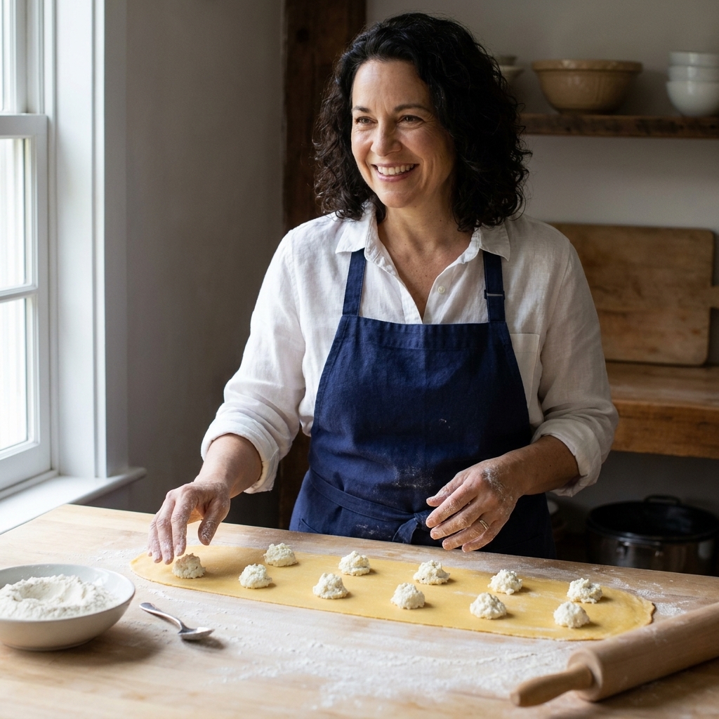 Small mounds of ricotta filling spaced evenly on a sheet of fresh pasta dough on a floured work surface