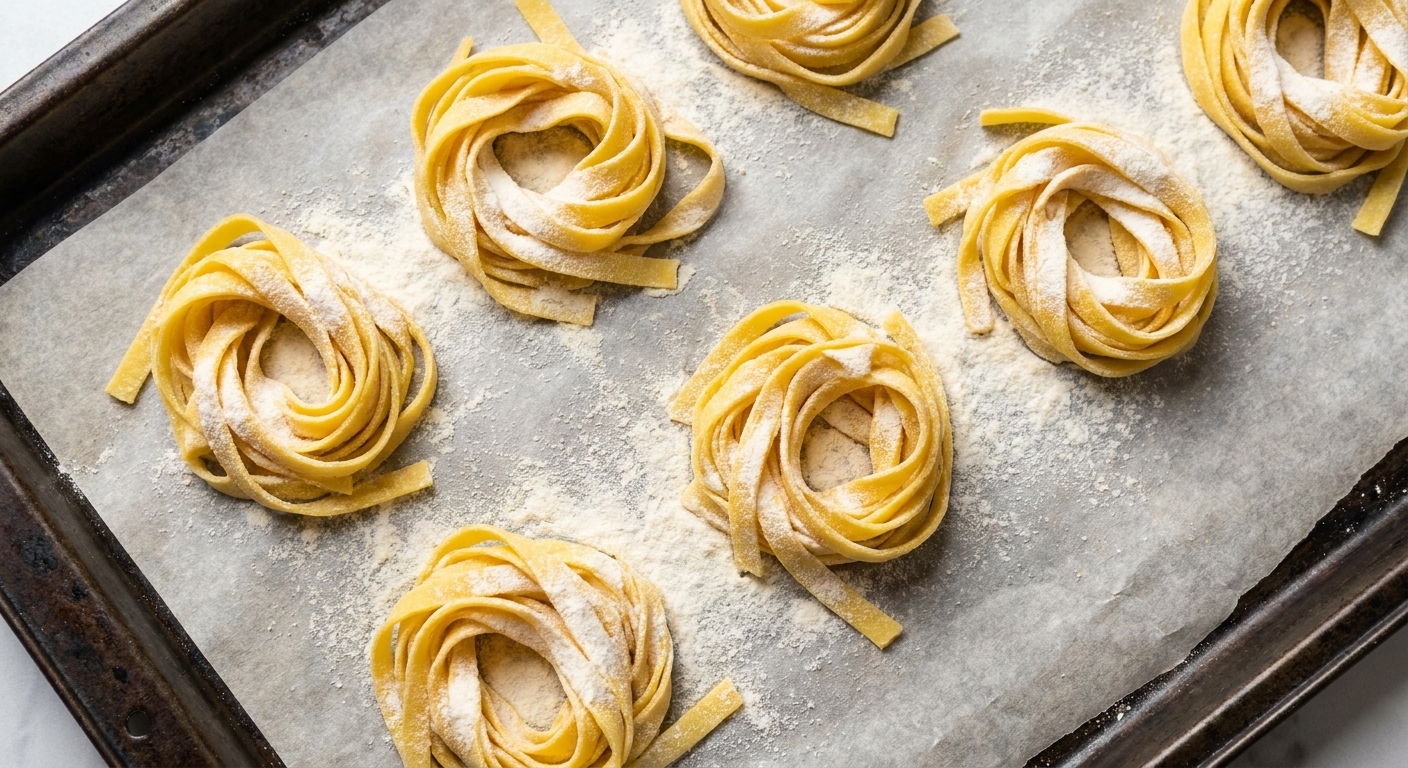 Small nests of freshly cut egg pasta dusted with flour resting on a parchment-lined baking sheet