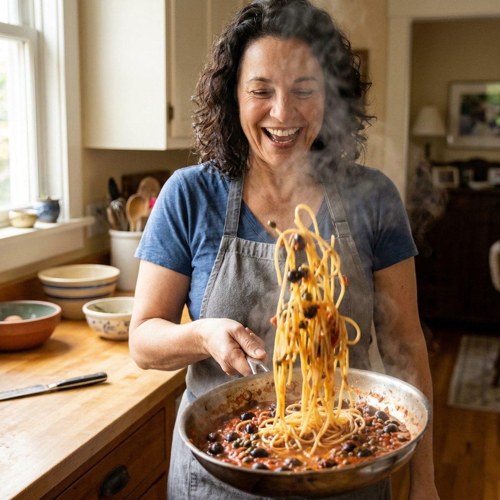 Spaghetti being tossed in a skillet of puttanesca sauce with olives and capers, with steam rising in a warm home kitchen