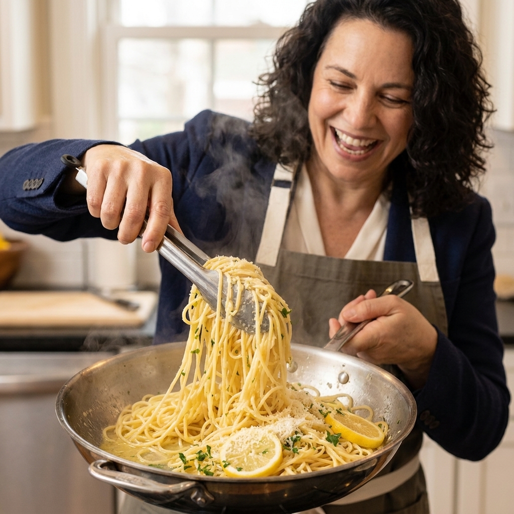 Spaghetti being tossed in a wide skillet with a glossy lemon butter sauce, with grated parmesan melting in and steam rising from the pan