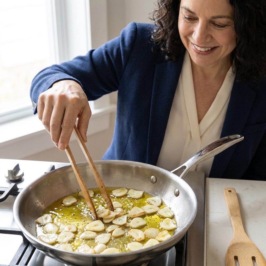Thin slices of garlic gently sizzling in olive oil in a shallow skillet, staying pale with just a hint of gold at the edges