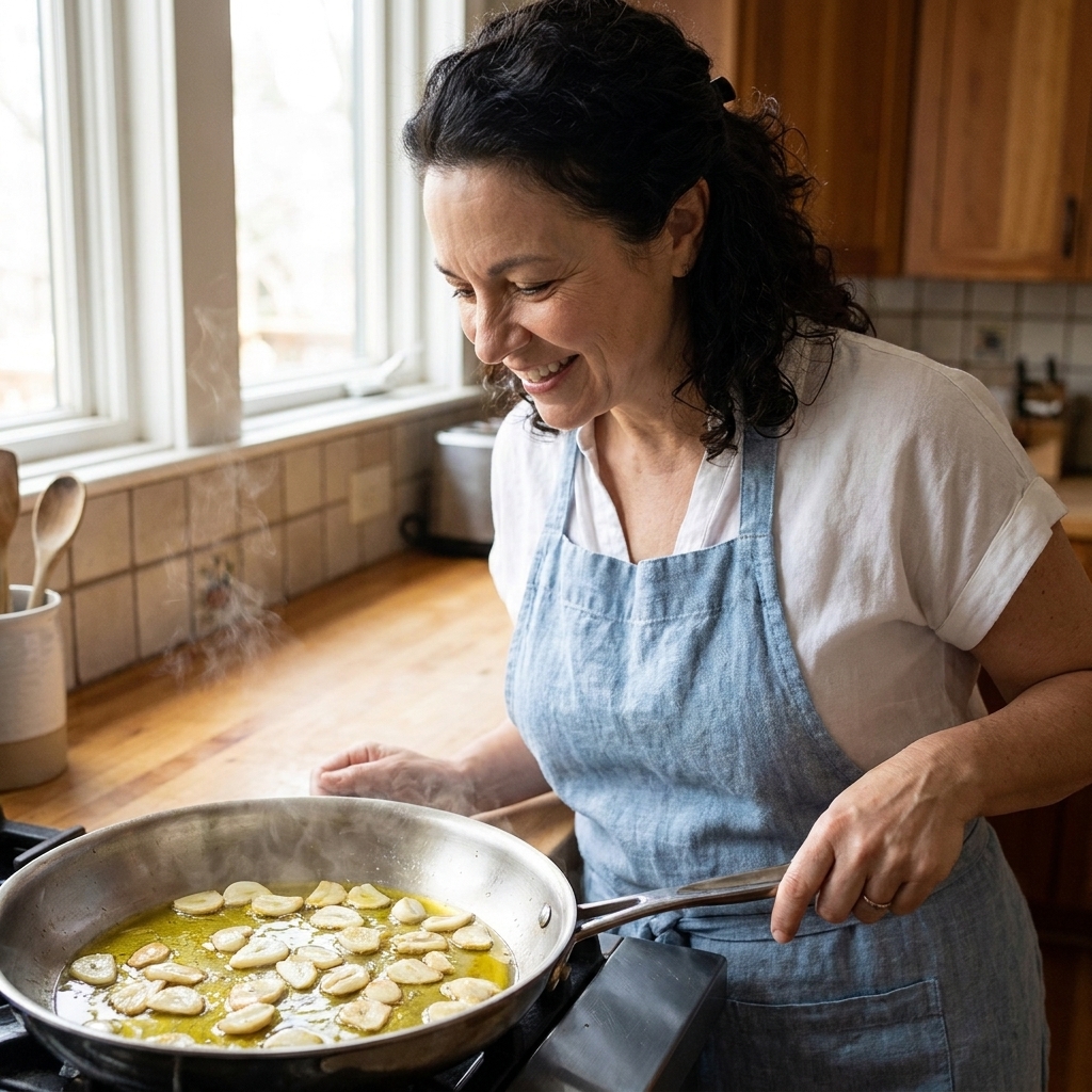 Thin slices of garlic gently sizzling in olive oil in a shallow skillet, just beginning to turn pale golden