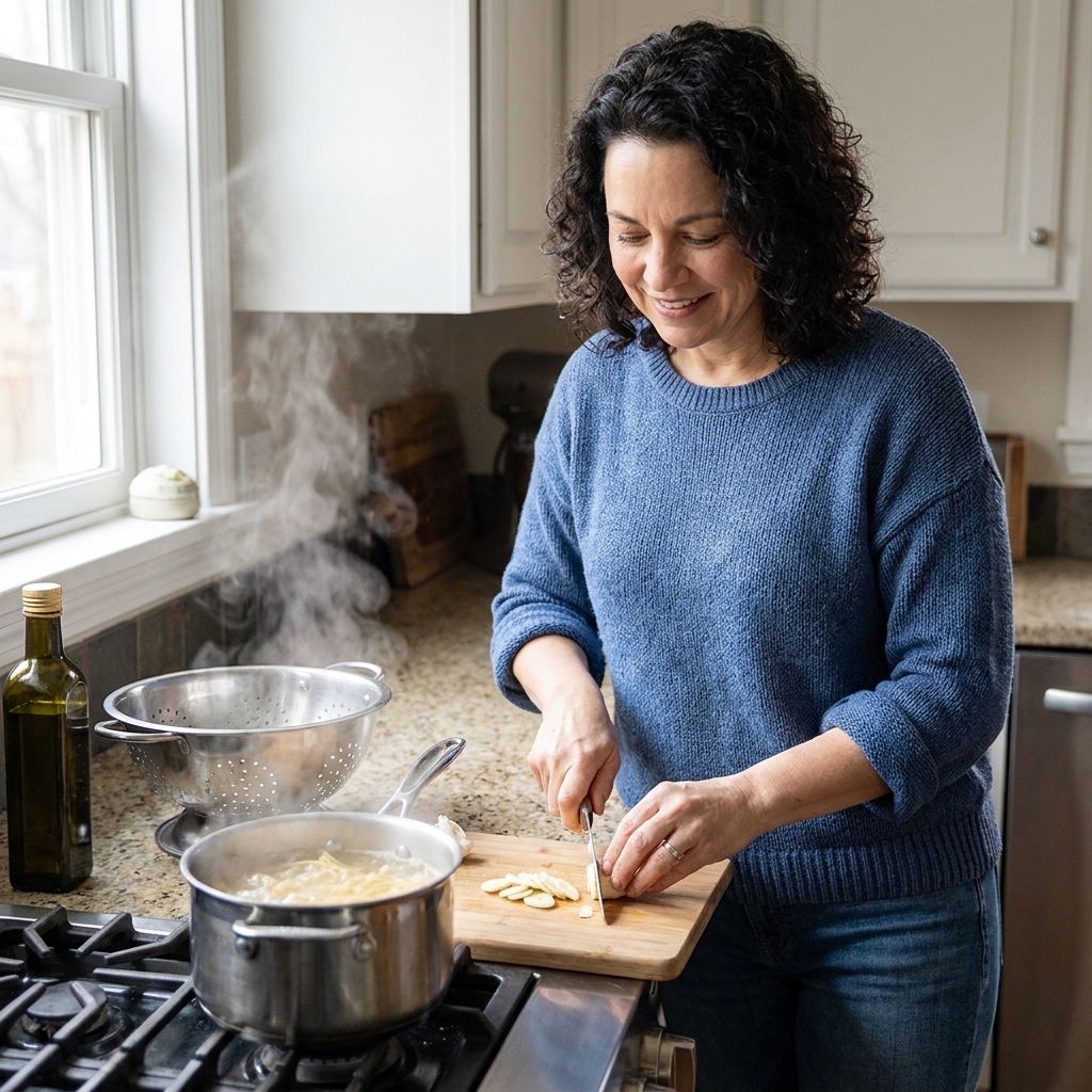 Thin slices of garlic on a cutting board beside a pot of boiling pasta water on a home kitchen stove