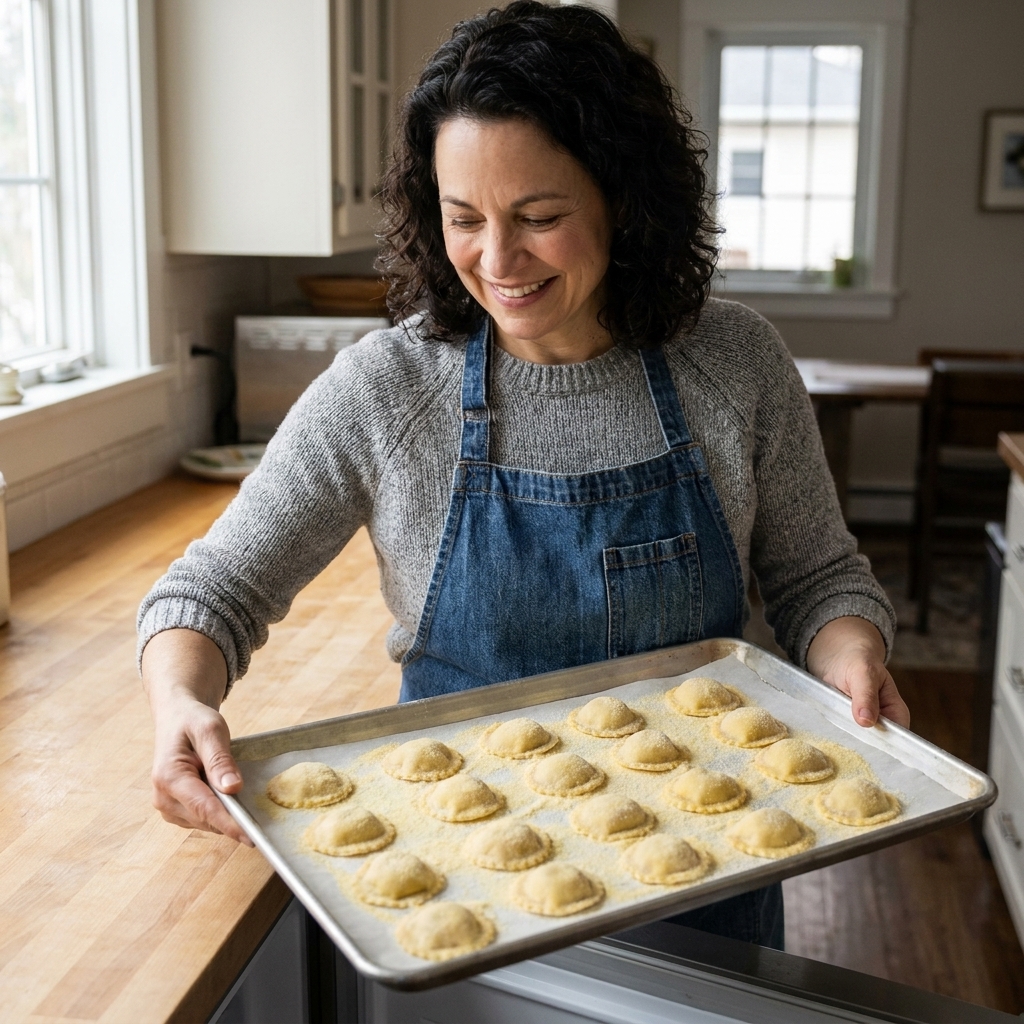 Uncooked homemade ravioli spaced apart on a parchment-lined baking tray dusted with semolina, ready to be frozen